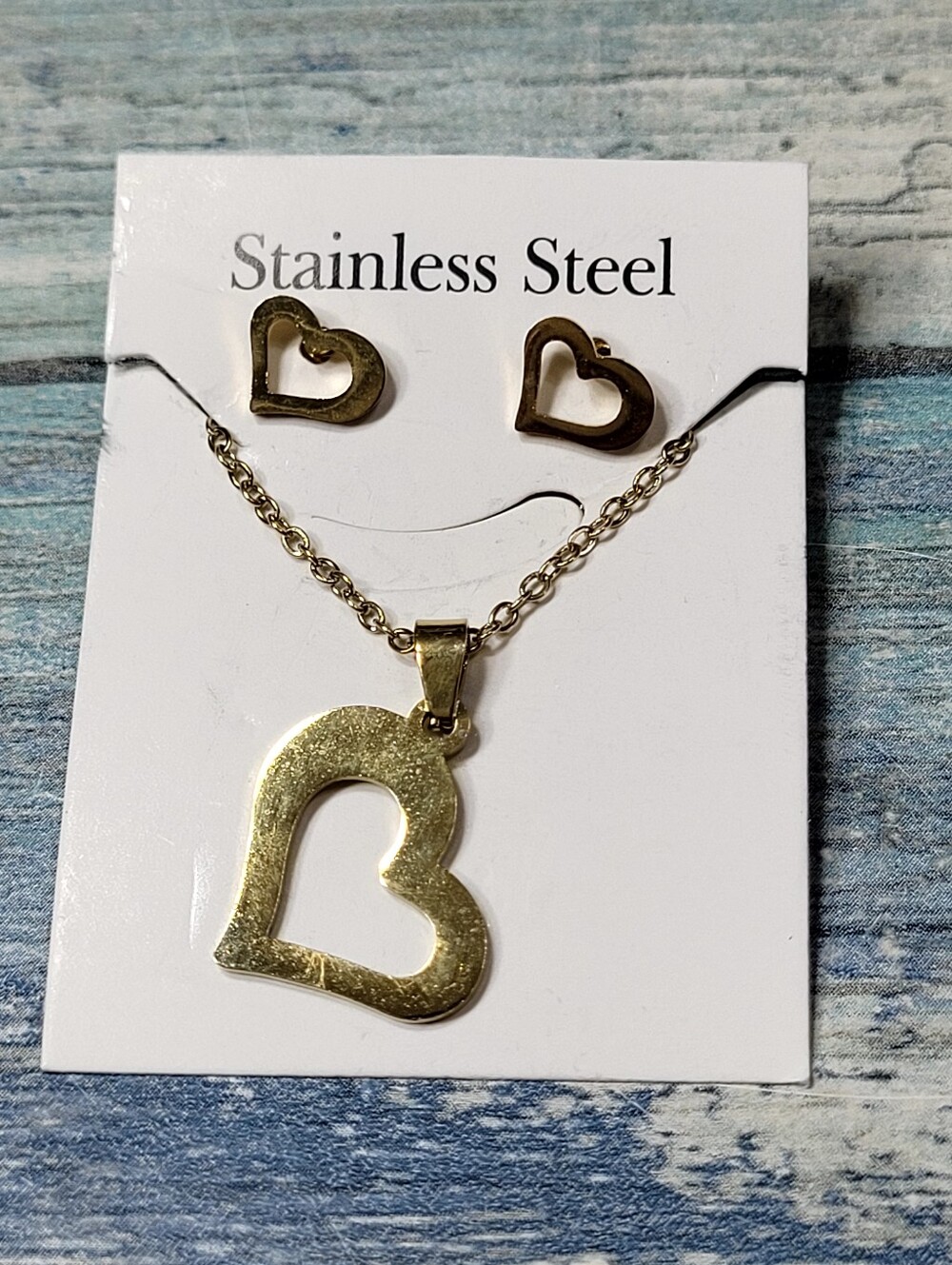 Gold Heart Necklace & Stud Earrings Set
